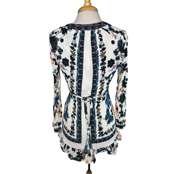 FREE PEOPLE Violet Hill Gauze Mini Dress Tunic in Blue Green White Floral Sz 4 - Picture 3 of 11